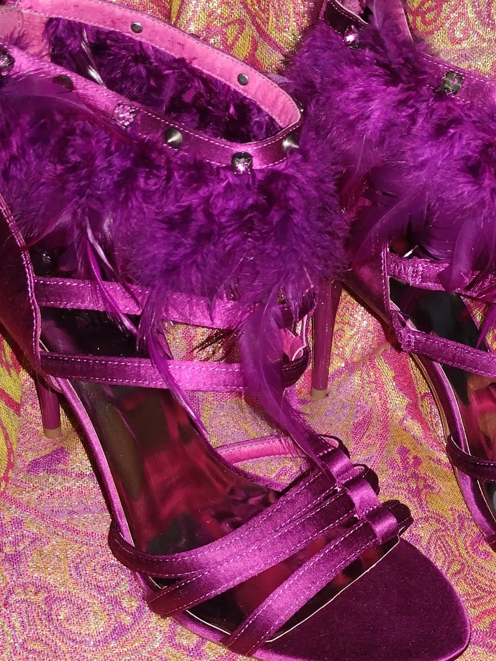 HOTT ABS Women's Plum Satin & Feather Strap High-Heel Sandals-Brand New! Size 11